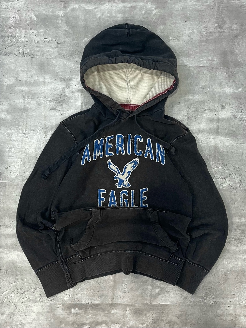American Eagle hoodie black embroidered logo Waffle Knit Hood Womens Small